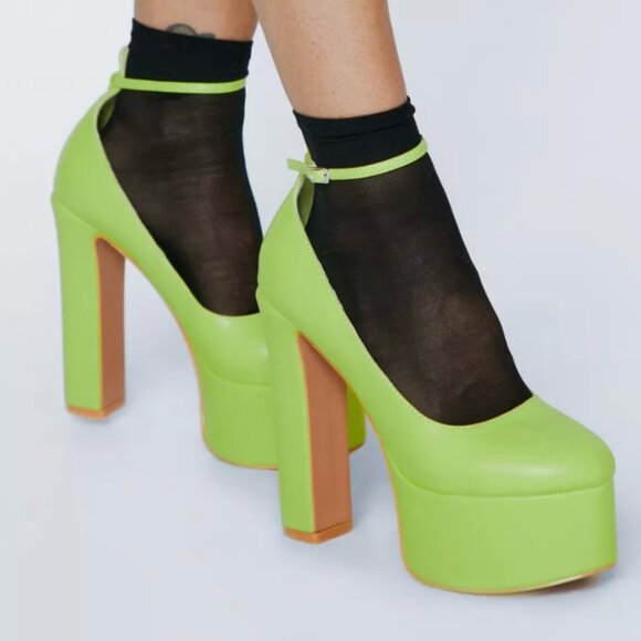Lime Platform Chunky Babydoll Heals with Ankle Strap - Picture 2 of 11